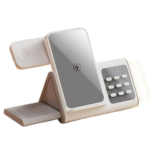 5 En 1 Cargador Inalámbrico Soporte De Teléfono Para iPhone 16 15 14 13 Con LED De Ruido Blanco Para Apple Watch Auriculares Estación Dock Magnética-Blanco