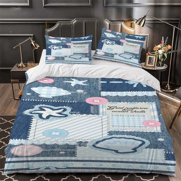 Ocean Shell Fabric Collage bedding | Includes 1 Duvet Cover and 2 Pillowcases Soft and Comfortable