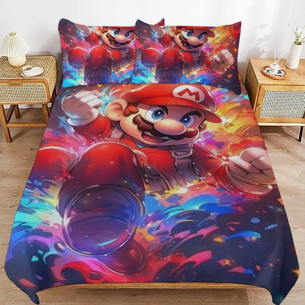 Super Mario 3-Piece Comforter Set for Bedroom Super Mario Bedding Set for Kids Adults Soft Microfiber Duvet Cover Set with Zipper Closure