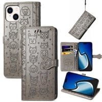 Funda Cartera Foxdock Para Iphone 15 Plus , Flip Pu Con Relieve De Gatos Y Perros, Tarjetero Y Soporte