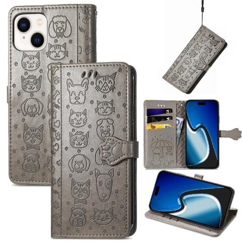 Funda Cartera Foxdock Para Iphone 15 Plus , Flip Pu Con Relieve De Gatos Y Perros, Tarjetero Y Soporte