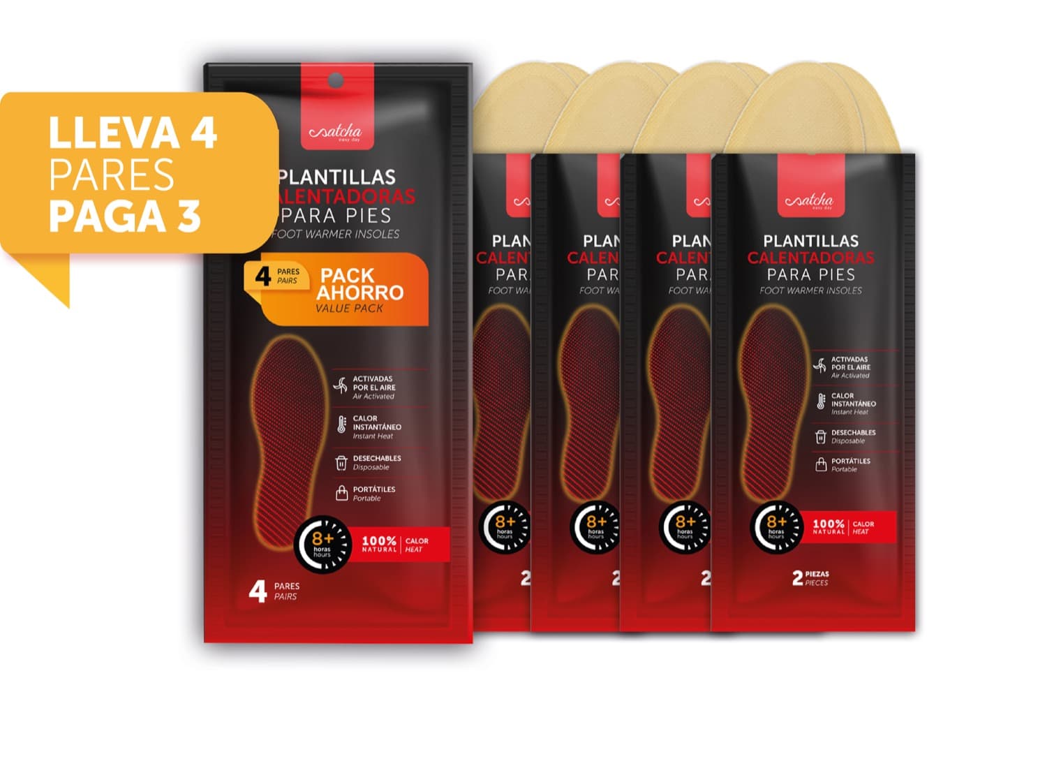 Satcha Easy Day - Pack Ahorro De 4 Pares De Plantillas Calentadoras Para Pies Talla S: 35-39