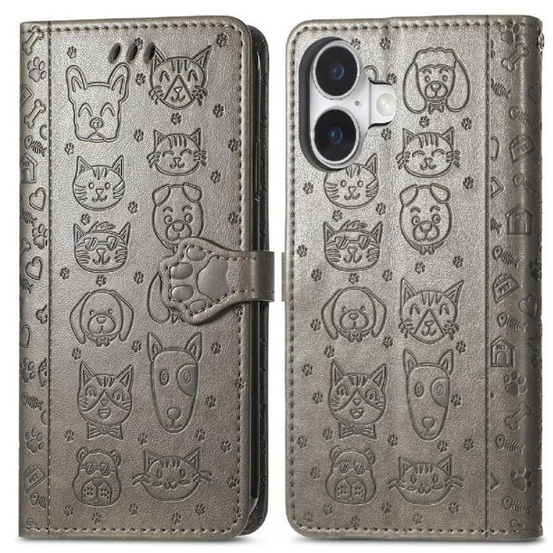 Funda Cartera FOXDOCK para iPhone 16 Plus , Flip PU con Relieve de Gatos y Perros, Tarjetero y Soporte