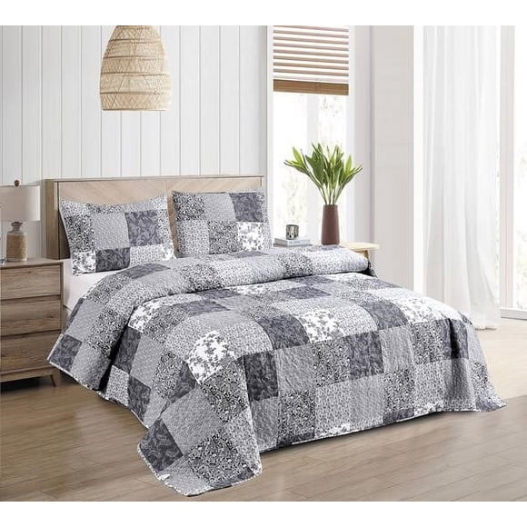 Cobertor de verano tipo quilt tamaño 2 Plazas Cuadros Gris claro y Oscuro