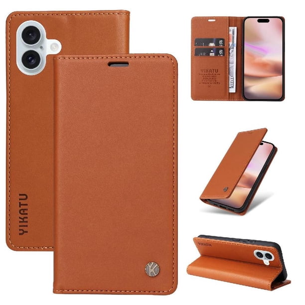 Funda Billetera de Cuero para iPhone 16 Plus con Tarjetero y Soporte - Tapa Magnética Marrón