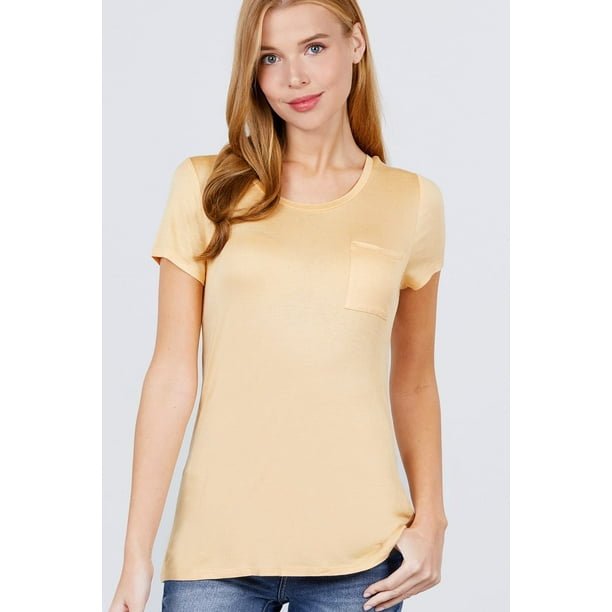 Saronite Camiseta Básica de Manga Corta con Cuello Redondo y Bolsillo, Color Amarillo Perla (para Mujer)