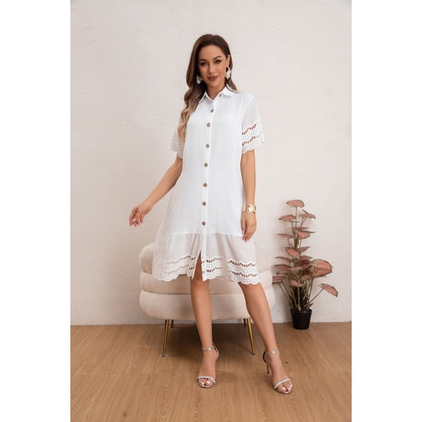 Vestido Corto Primavera Mujer Manga Corta Macramé Casual 0040