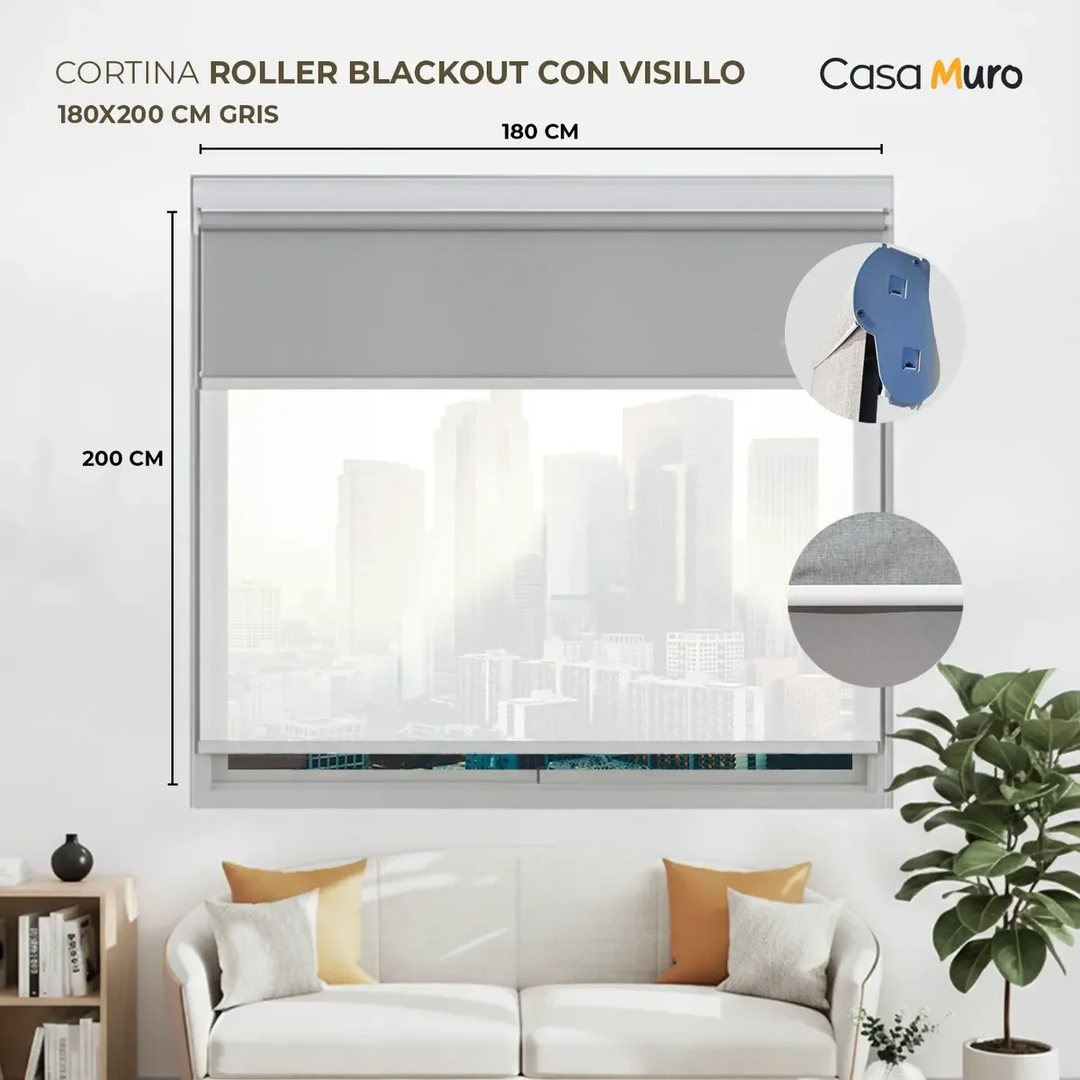 Casamuro - Cortina Roller Blackout Visillo Persiana Ventana 180x200 Cm Gris