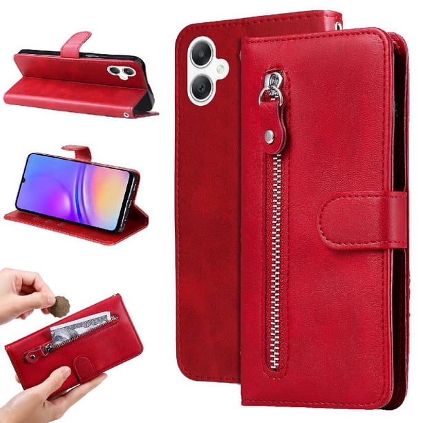 Funda tipo cartera para Samsung Galaxy A06 con bolsillo con cremallera y ranuras para tarjetas – Función de soporte Rojo