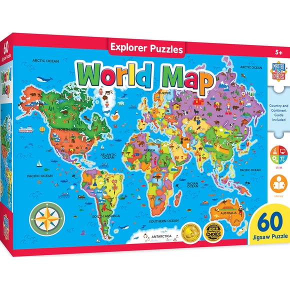 Rompecabezas MasterPieces, mapa del mundo, 60 piezas, para niños