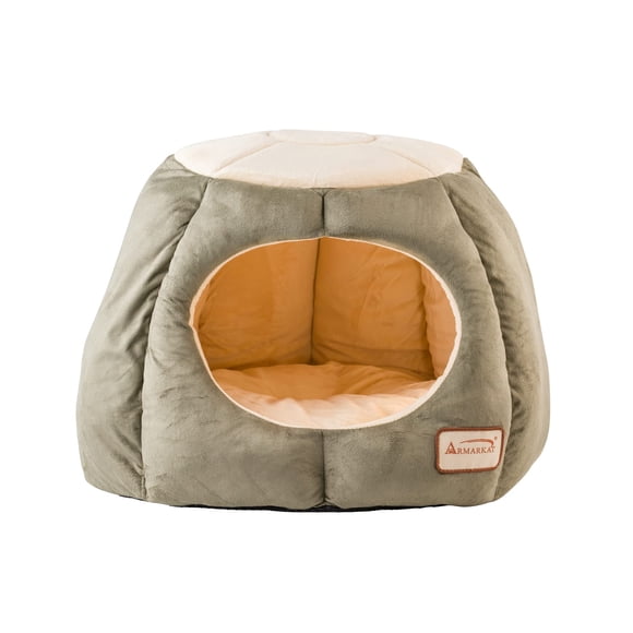 Cama para gatos Armarkat de terciopelo suave de color verde laurel y beige, 20 x 20 x 14 cm