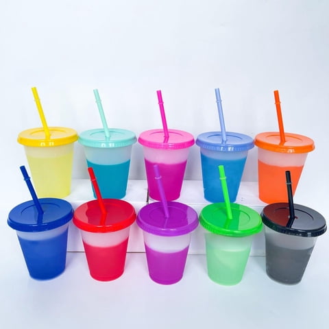 Xusx111 - Tazas De Cambio De Color, 10 Paquetes De Vasos De Plástico De 16 Onzas, Tazas Reutilizables De Café Helado Y Smoothie Con Tapas Y Pajas Para Fiestas Y Viajes