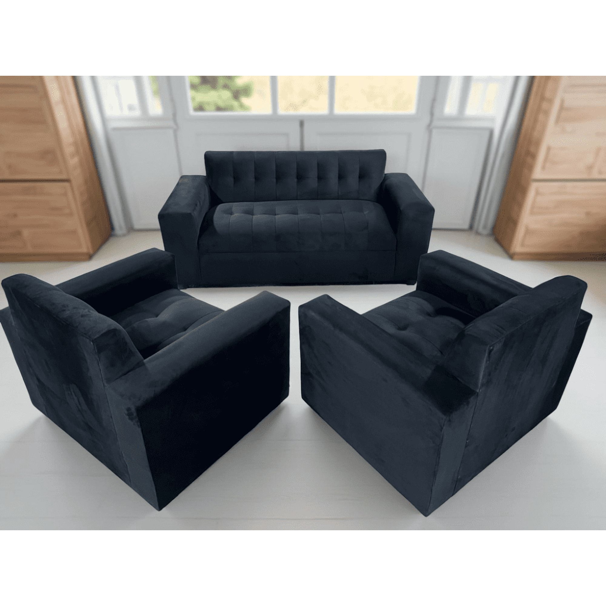 Muebles New - Juego De Living Negro Felpa