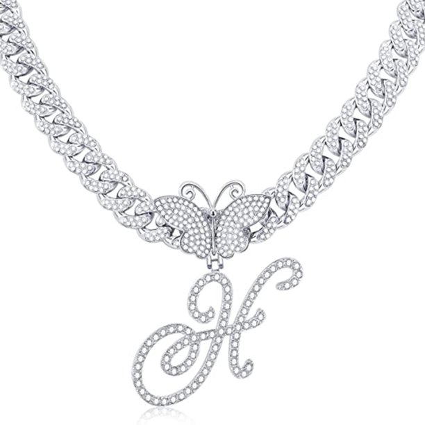 Stylish Hip Hop Cuban Butterfly Necklace with White Letter Initials