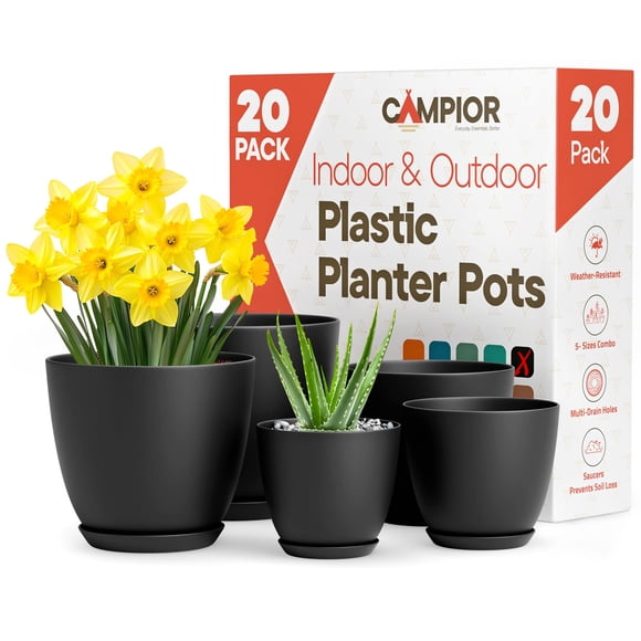 Macetas Campior de plástico con drenaje, paquete de 20, negras, 7-4,8 pulgadas