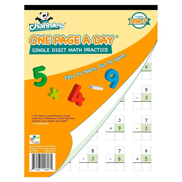 Cuaderno de ejercicios de matemáticas de un solo dígito de Channie, una página al día, 50 páginas