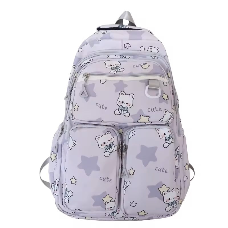 El Edén - Mochila Urbana, Bolso Escolar, Juvenil, Diseño Gatos Kawaii Color Lila