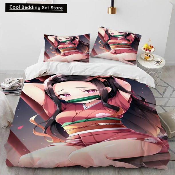 x1920 Bed SheetsDemon Slayer Bedding Set Kamado Nezuko Duvet Cover Set Bedspread Pillowcase Full Size Bed Linen Kids Teen Gift 3-Piece Bedding Set (1 Duvet Cover + 2 Pillow Shams) nj1920