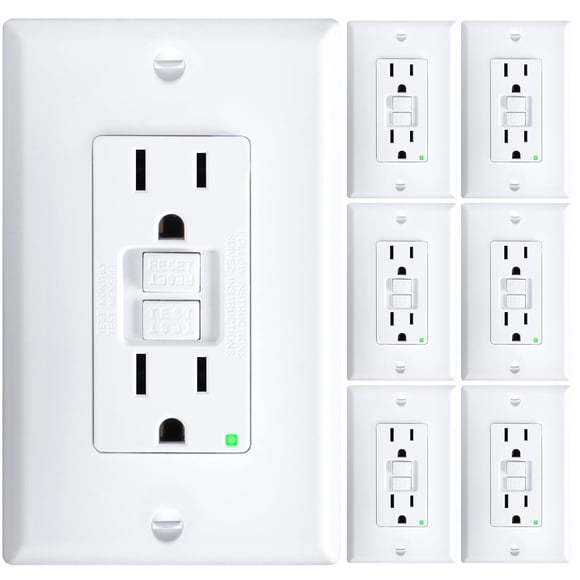 GFCI Outlet Amico, paquete de 15 amperios, 6 unidades, diseño más delgado, blanco para interiores