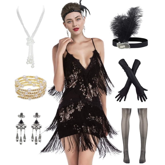 Vestido flapper YEMILL de los años 20 Gatsby Tassel Sway Dance negro