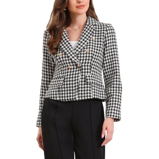 INSPIRE CHIC Traje de pata de gallo para mujer con solapa de muesca, botones, mangas largas, blazer casual M negro
