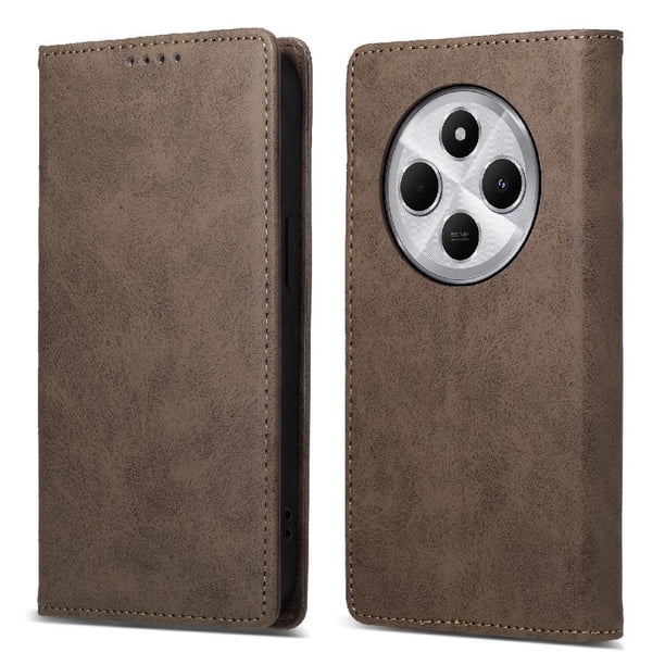 Funda tipo cartera con bloqueo RFID para Xiaomi Redmi 14C 4G Con tapa abatible, portatarjetas, cierre magnético, TPU y soporte Marrón