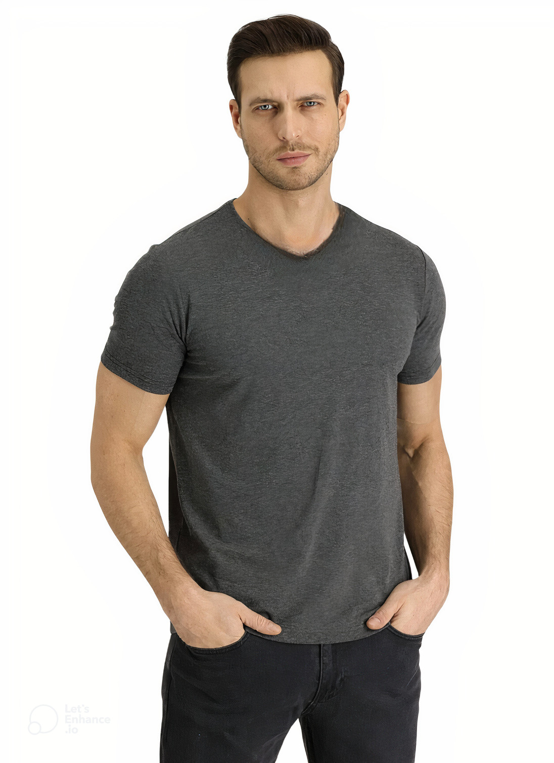 Home Fashion - Polera Hombre Manga Corta Cuello V Gris Talla L