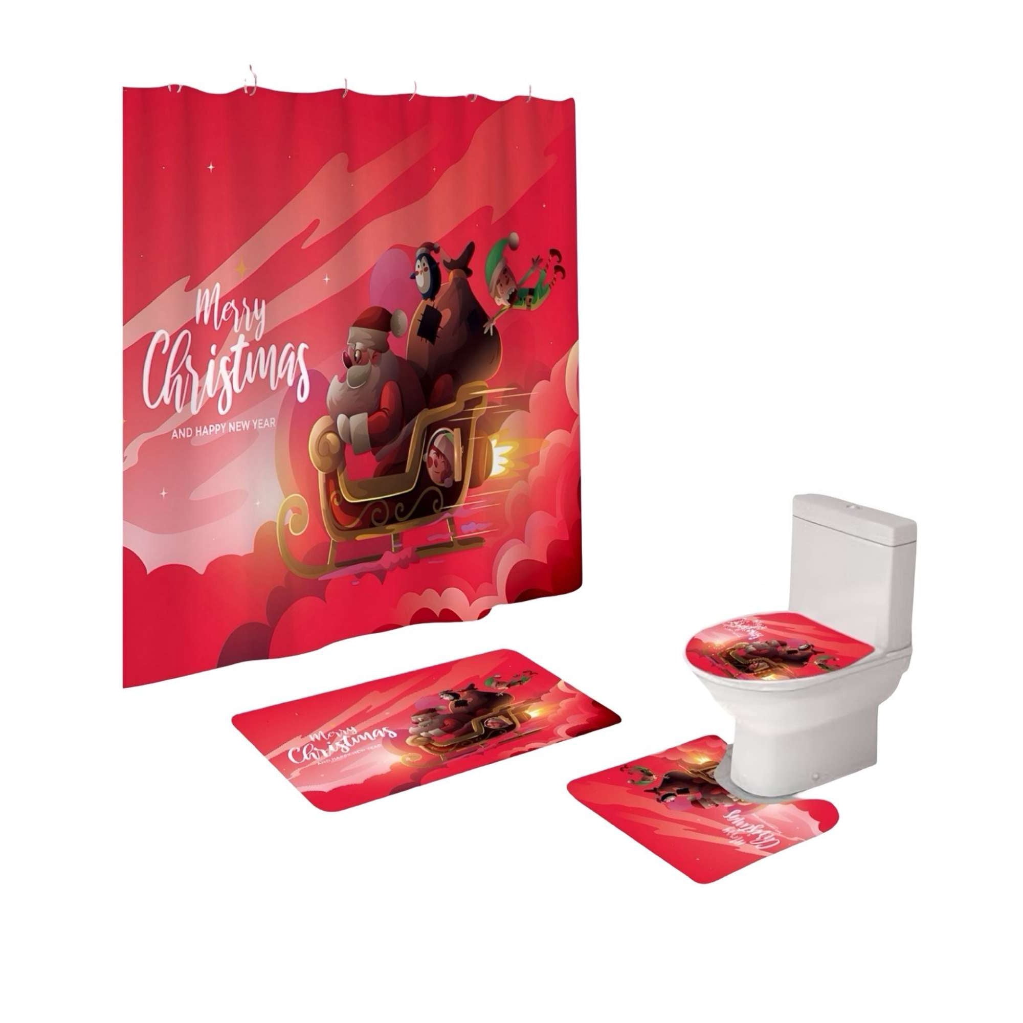 Teng Fei - Pack 4 Piezas Cortina De Baño Y Alfombras Diseño Navideño Tf08