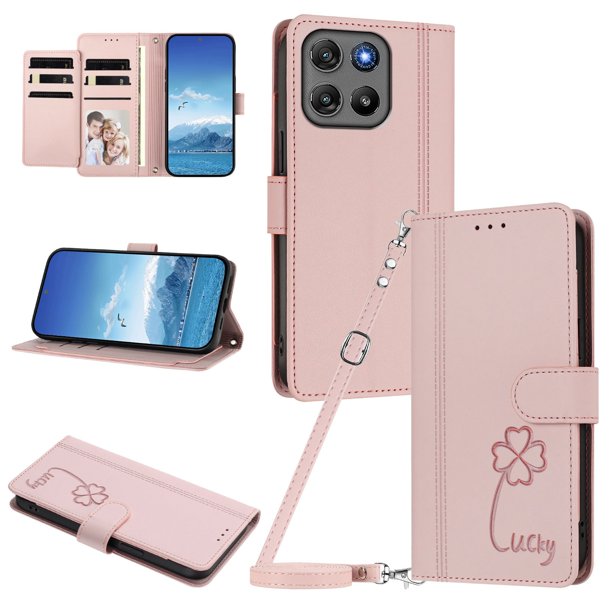 Funda Cartera Trébol para Motorola Moto G67 Power 5G con Ranuras Tarjetas y Carga Inalámbrica Rosa
