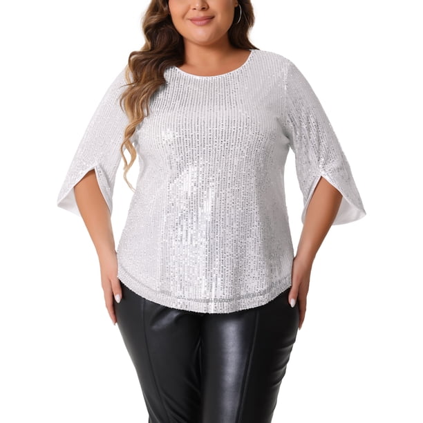 Agnes Orinda Conjuntos de Halloween para Mujeres Tallas Grandes Tops de Escuela Universitaria Brillantes Manga 3/4 con Abertura Cuello Redondo Destello Brillo Lentejuelas Blusa de Fiesta 2025 4X Plata