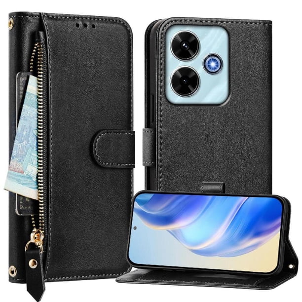 FOXDOCK Funda Tipo Cartera para Tecno Spark 5 Cuero PU con Cremallera y Correa de Muñeca, Ranuras para Tarjetas, Soporte Plegable, Cierre Magnético