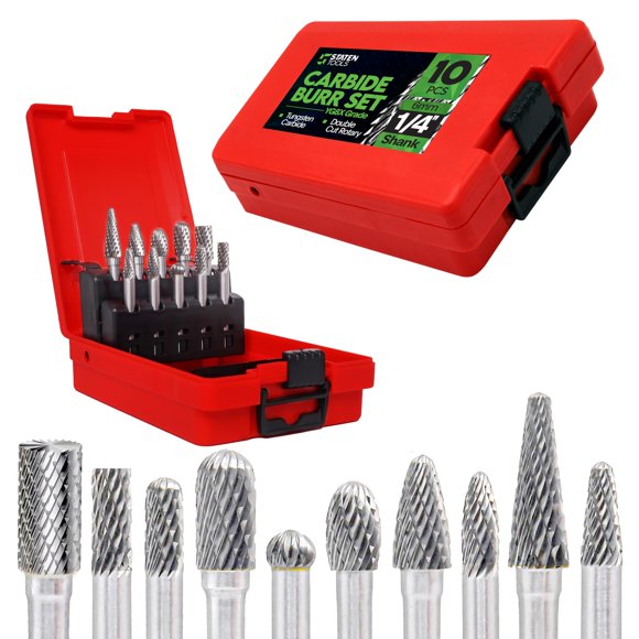 Juego de fresas de carburo Staten Tools, 10 unidades, doble corte, vástago 1/4