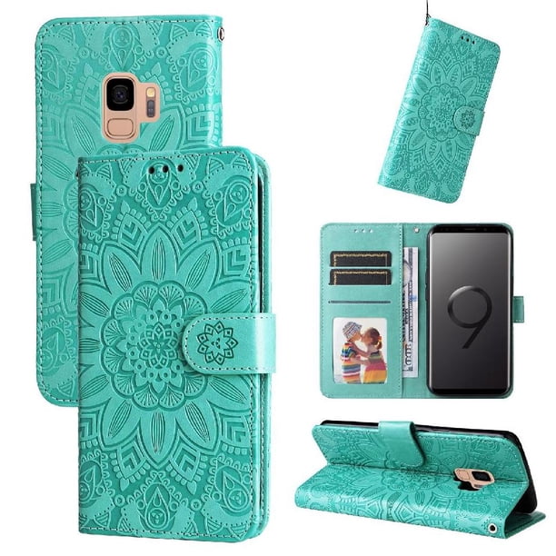 Funda tipo cartera FOXDOCK para Samsung Galaxy S9 , diseño girasol en relieve, cuero PU, cierre magnético, soporte y tarjetero
