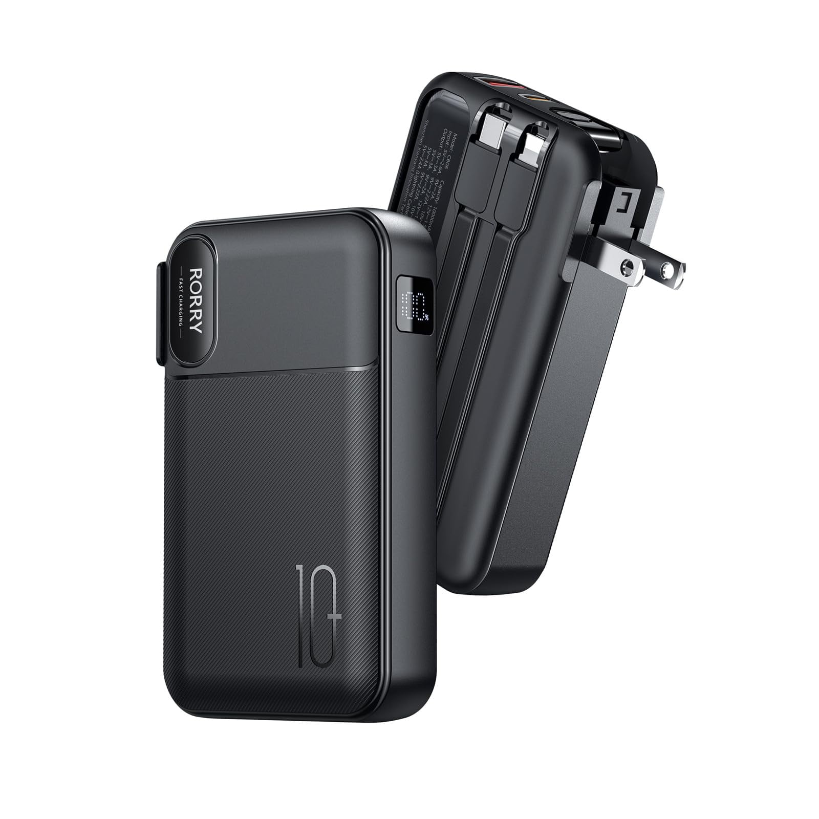 Cargador Portátil Rorry De 10000 Mah Con Cables Integrados, Negro