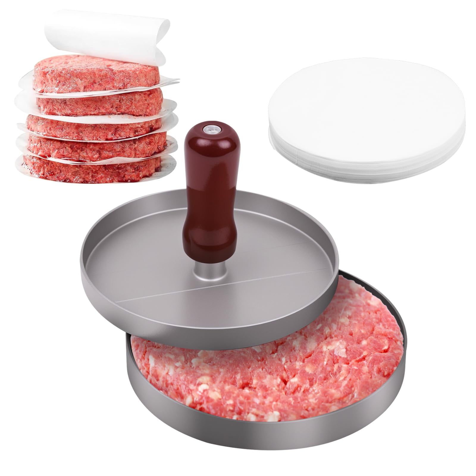 Prensa Para Hamburguesas Vzyuvy De Aluminio Con 200 Papeles Antiadherentes