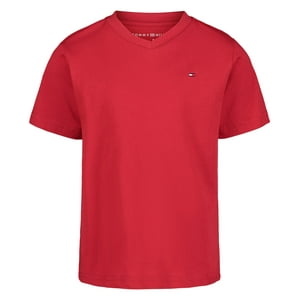 Camiseta Tommy Hilfiger Para Niños, Manga Corta, Cuello En V, Color Escarlata 3T