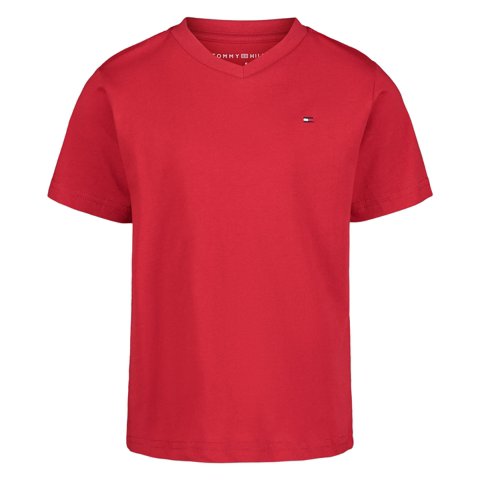 Camiseta Tommy Hilfiger Para Niños, Manga Corta, Cuello En V, Color Escarlata 3T