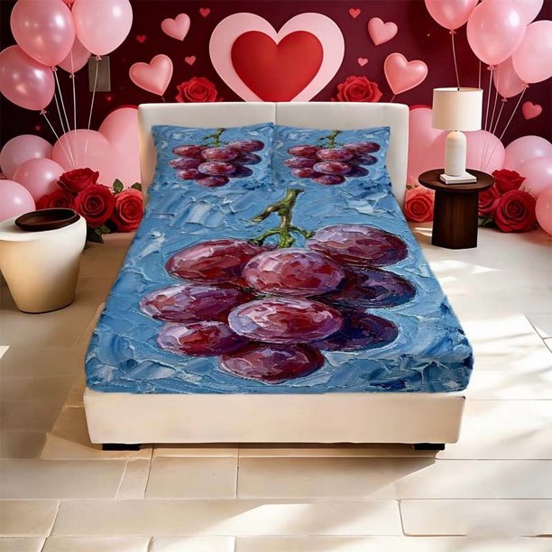 Grape Oil Painting Printed Bed Fitted Sheet Pattern Printed Bed Fitted Sheet a Must-Have for Family Guest Rooms Deep Pockets Are Stable And Do Not Shift Soft An