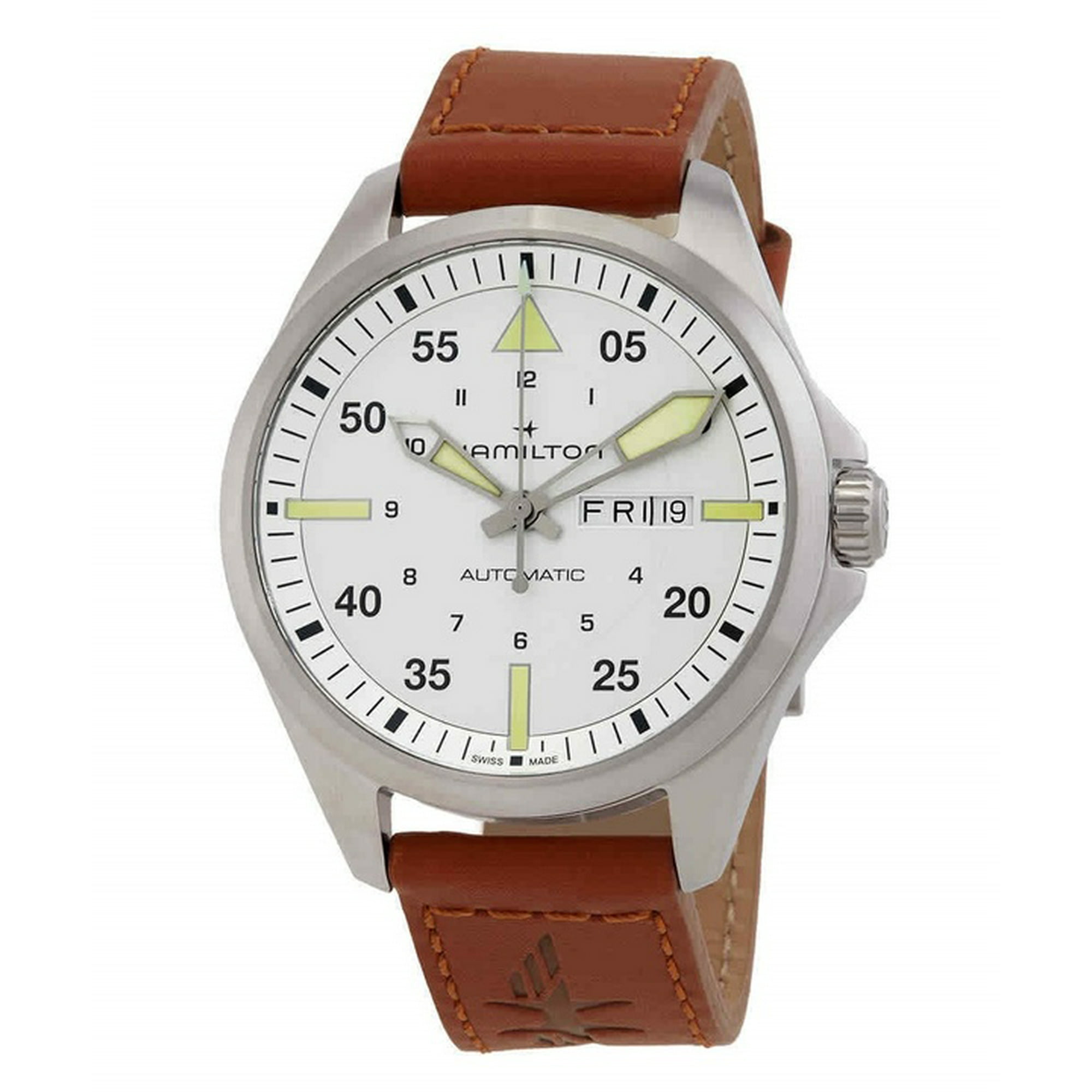 Reloj Hamilton Khaki Aviation Pilot Leather Strap Silver Dial Automatic H64635550 100m Men's Watch