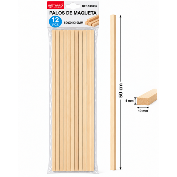 Pack 12 Palos de Madera para Maquetas 50 cm x 4 mm x 10 mm