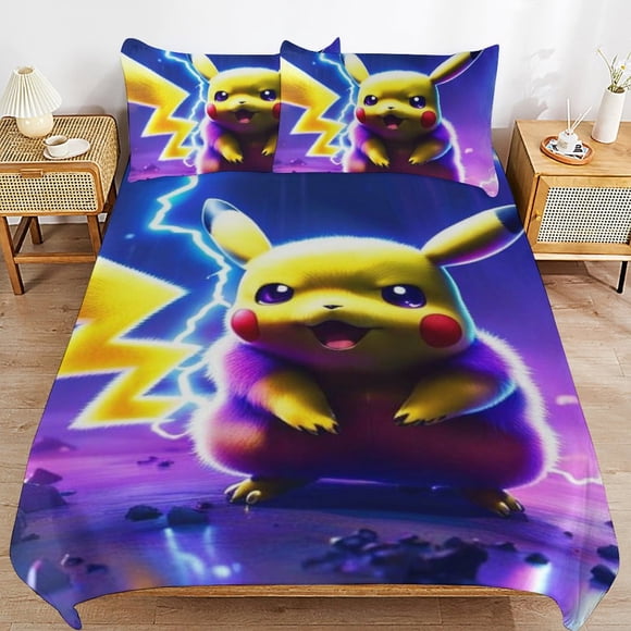 Pi-ka-chu Bed Duvet Cover Microfiber Bedding Sets 3D Printed Lightweight 3 Piece Comforter Sets, 1 Duvet Cover And 2 Pillow Shams for Kids Boys Girls