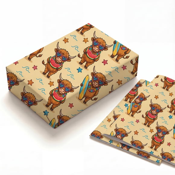 Papel de regalo SHSEEN 50 × 70 cm Vaca de las Tierras Altas – Playa (Pack de 2)