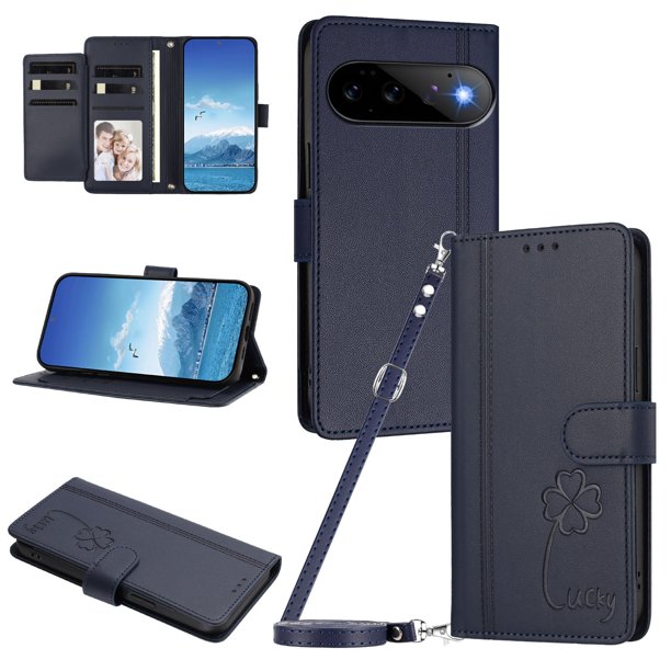 Funda Cartera Trébol para Google Pixel 11 Pro con Ranuras Tarjetas y Carga Inalámbrica Azul oscuro