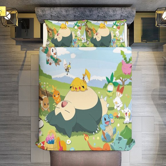 Comforter Set Queen Size Trends International Pokmon - Group Picnic Set with 2 Pillowcases for All SeasonsBedding Set 3pcs for Kids Boys Girls Bedroom Decor Bed Sheets