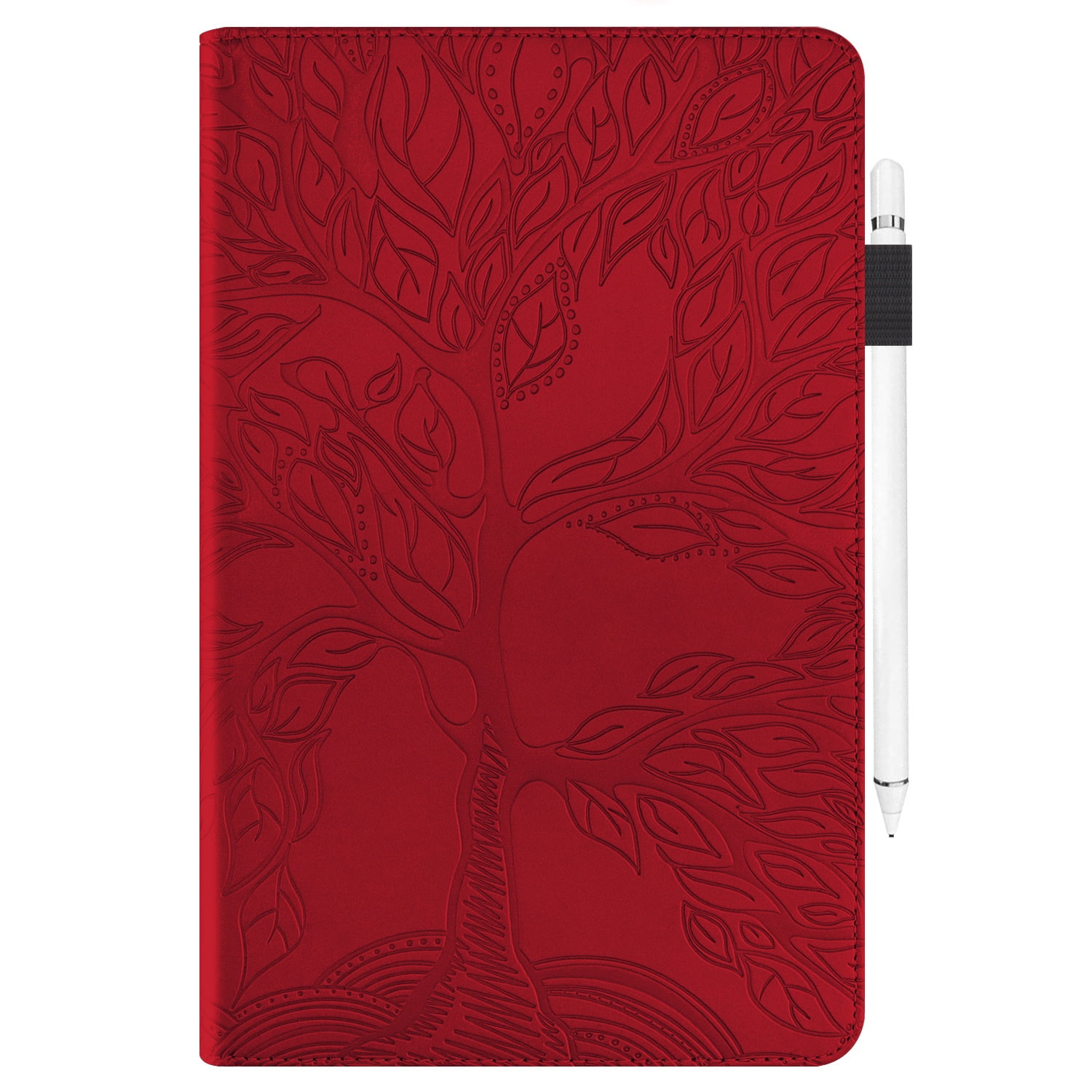 Foxdock - Funda Con Relieve Del Árbol De La Vida Para Tablet Samsung Galaxy Tab A7 Con Soporte, Ranuras Para Tarjetas Y Soporte Para Lápiz Óptico. Rojo