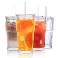 Juego De Vasos De Vidrio Insetlan Acanalados De 600 Ml Con Tapas Y Pajitas, 4 Unidades
