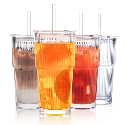 Juego De Vasos De Vidrio Insetlan Acanalados De 600 Ml Con Tapas Y Pajitas, 4 Unidades