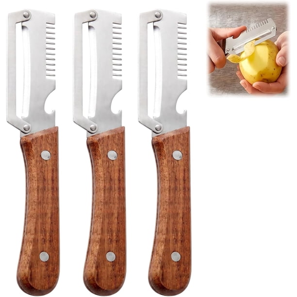 Pelador verduras 2 en 1 cuchilla ultra afilada acero mango madera abridor