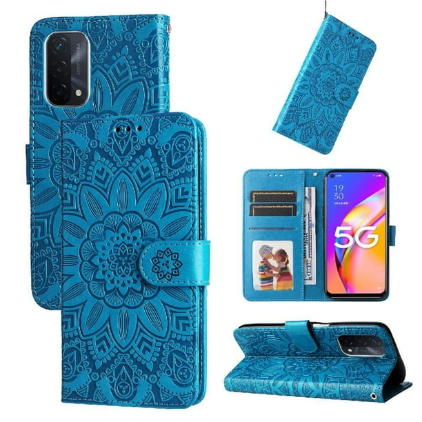 Funda tipo cartera FOXDOCK para OPPO A74 5G , diseño girasol en relieve, cuero PU, cierre magnético, soporte y tarjetero