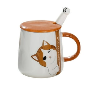 El Eden - Tazón, Mug Con Diseños De Gatos, Incluye Tapa Y Cuchara Oreja Café